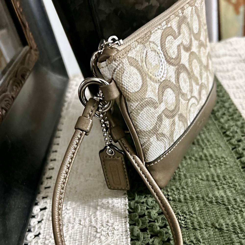 Coach Beige Signature Logo Wristlet with Metallic Accents - Picture 9 of 15